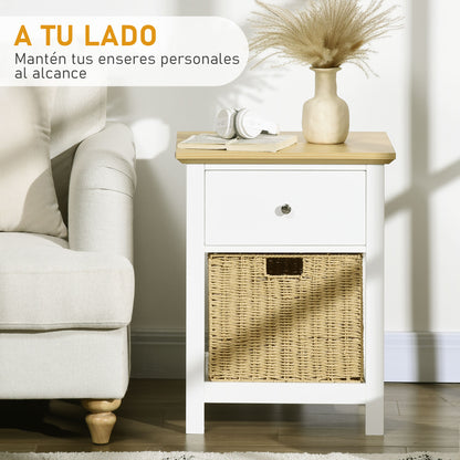Modern Bedside Table Nightstand with Storage Drawer and Foldable Wicker Basket for Living Room Bedroom 49x39x64 cm White and Natural