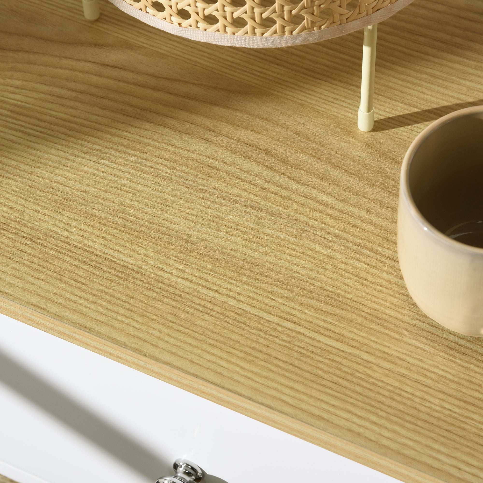 Modern Bedside Table Nightstand with Storage Drawer and Foldable Wicker Basket for Living Room Bedroom 49x39x64 cm White and Natural