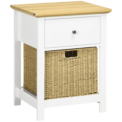 Modern Bedside Table Nightstand with Storage Drawer and Foldable Wicker Basket for Living Room Bedroom 49x39x64 cm White and Natural