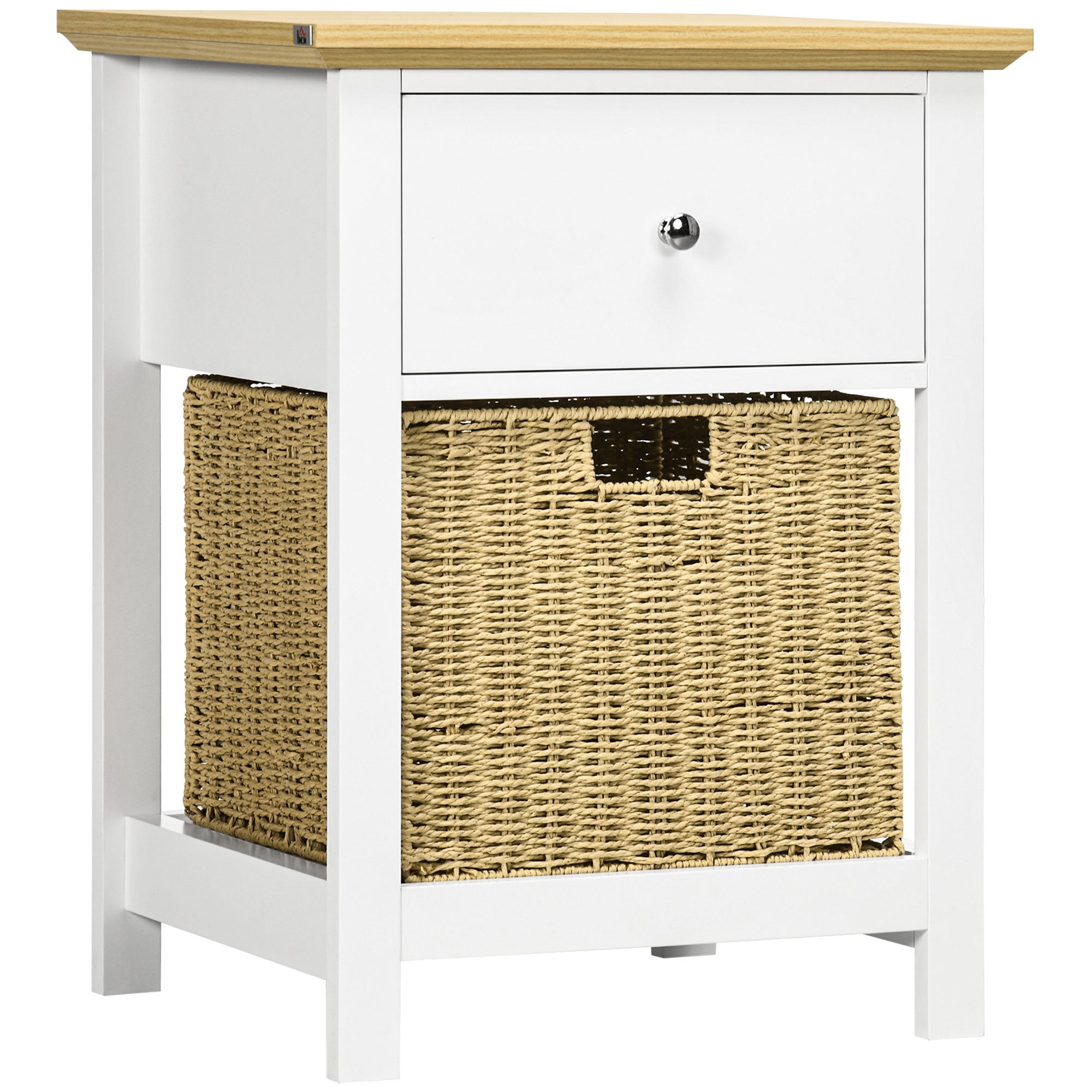 Modern Bedside Table Nightstand with Storage Drawer and Foldable Wicker Basket for Living Room Bedroom 49x39x64 cm White and Natural