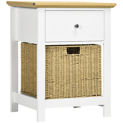 Modern Bedside Table Nightstand with Storage Drawer and Foldable Wicker Basket for Living Room Bedroom 49x39x64 cm White and Natural