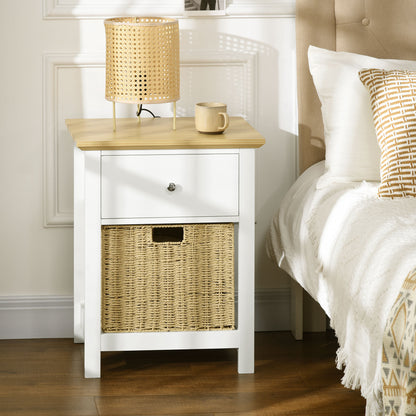 Modern Bedside Table Nightstand with Storage Drawer and Foldable Wicker Basket for Living Room Bedroom 49x39x64 cm White and Natural