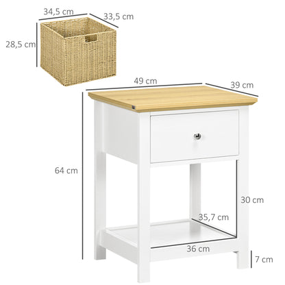 Modern Bedside Table Nightstand with Storage Drawer and Foldable Wicker Basket for Living Room Bedroom 49x39x64 cm White and Natural