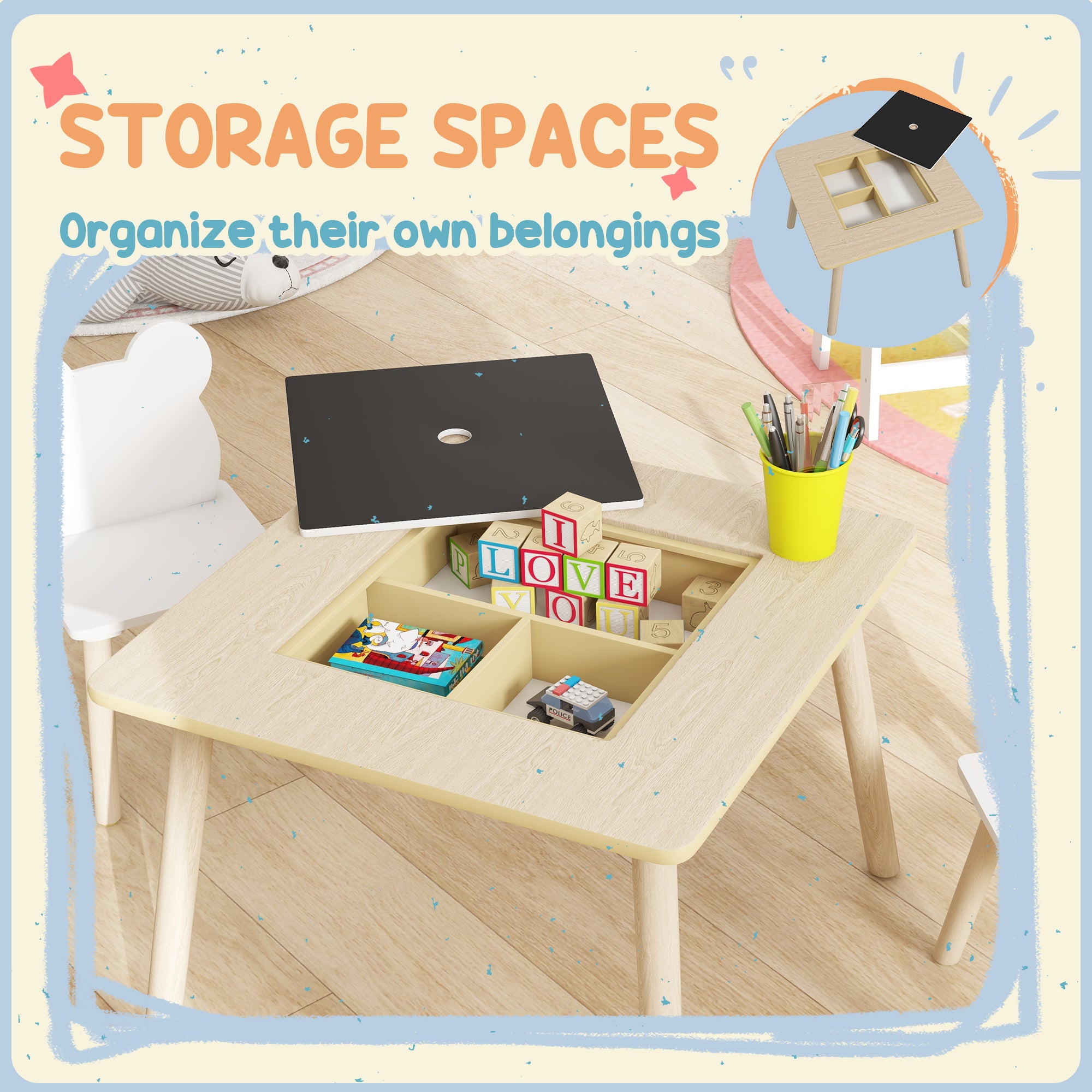 Kids' Table with 2 Chairs — Children's Seating Set with Storage, Flip & Removable Tabletop, Bear-Back Chairs, Natural Wood (Ages 3–6)