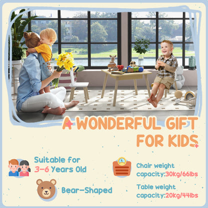 Kids' Table with 2 Chairs — Children's Seating Set with Storage, Flip & Removable Tabletop, Bear-Back Chairs, Natural Wood (Ages 3–6)