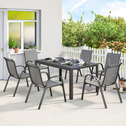 7-Piece Garden Dining Set — Rectangular Table with 6 Stackable Textilene Chairs, Light Gray