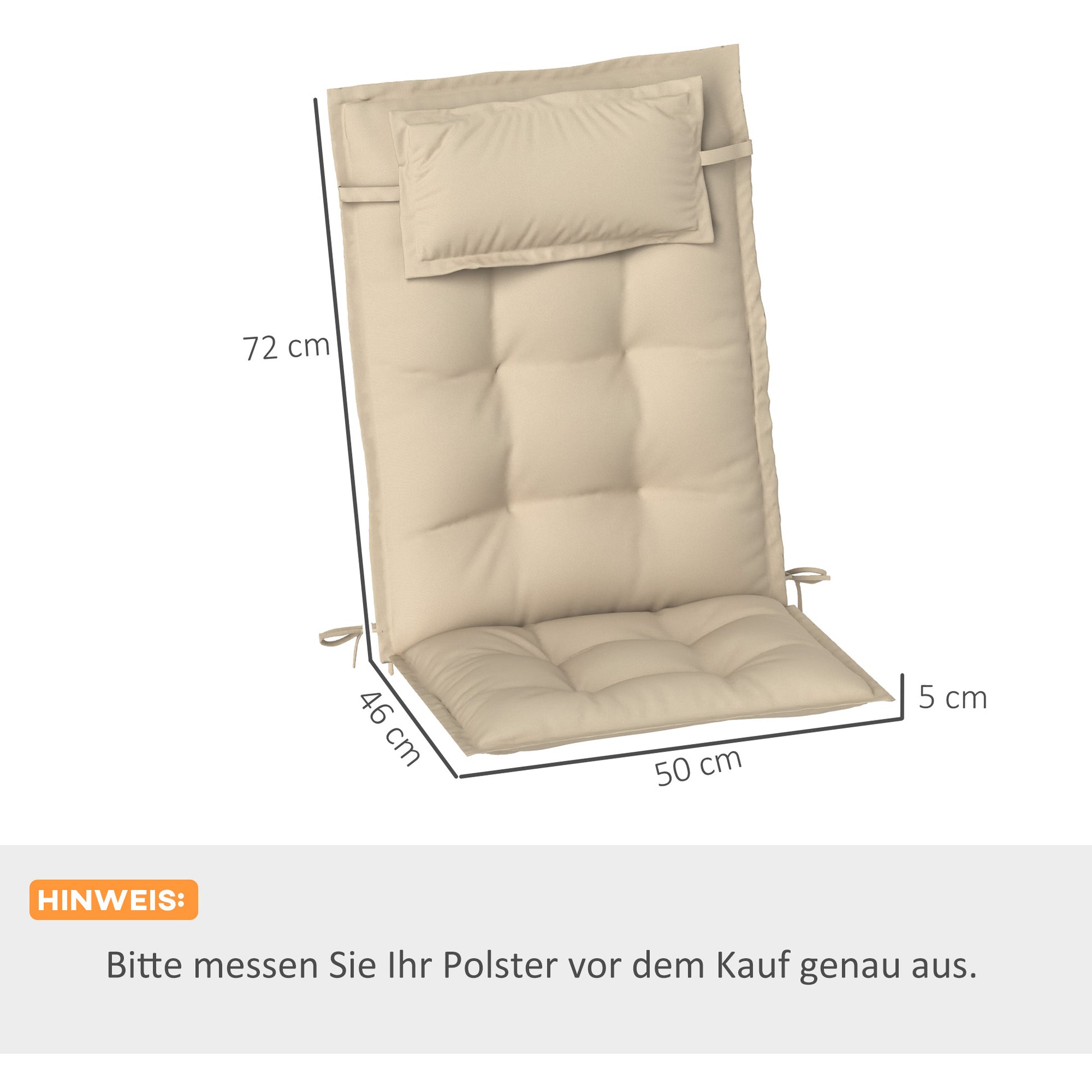 2-Piece Set Sun Lounger Cushion Water-Resistant Lounge Pad for Garden Lounger Padding for Beach Lounger Sunbed Pillow Cushion for Garden Furniture Cushions 50x116x5 cm, Beige