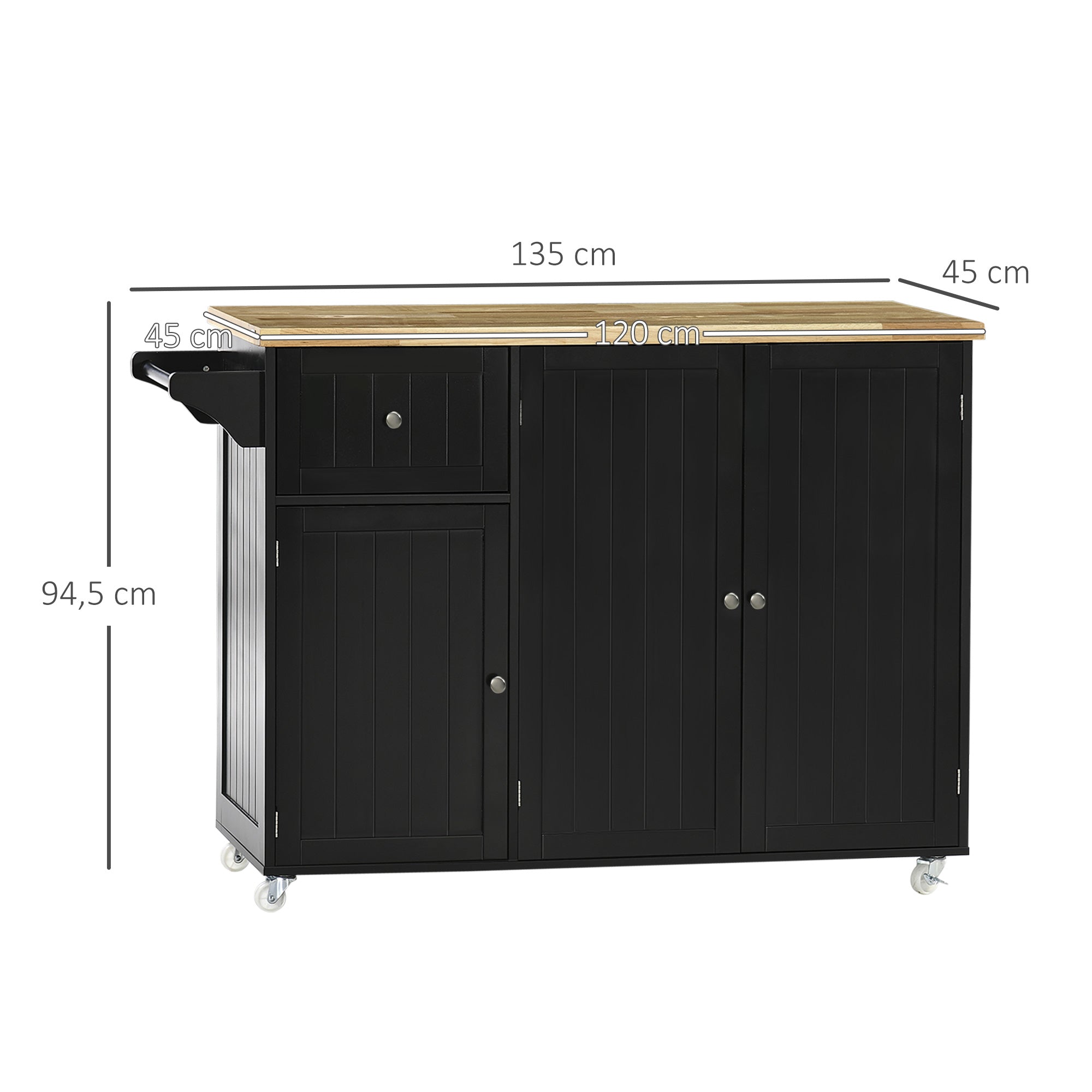 Kitchen Island with Wheels Kitchen Cart with Drawer 3 Doors Adjustable Shelves and Towel Holder Kitchen Utility Cart for Dining Room 53.1x17.7x37.2 inches Black