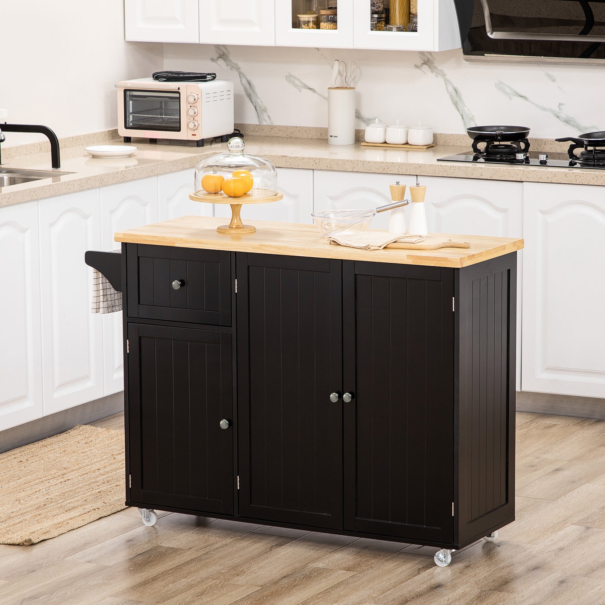 Kitchen Island with Wheels Kitchen Cart with Drawer 3 Doors Adjustable Shelves and Towel Holder Kitchen Utility Cart for Dining Room 53.1x17.7x37.2 inches Black