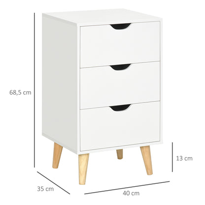 Bedside Table Nightstand with 3 Drawers, Scandinavian Style for Bedroom, Living Room, 40 x 35 x 68.5 cm, White