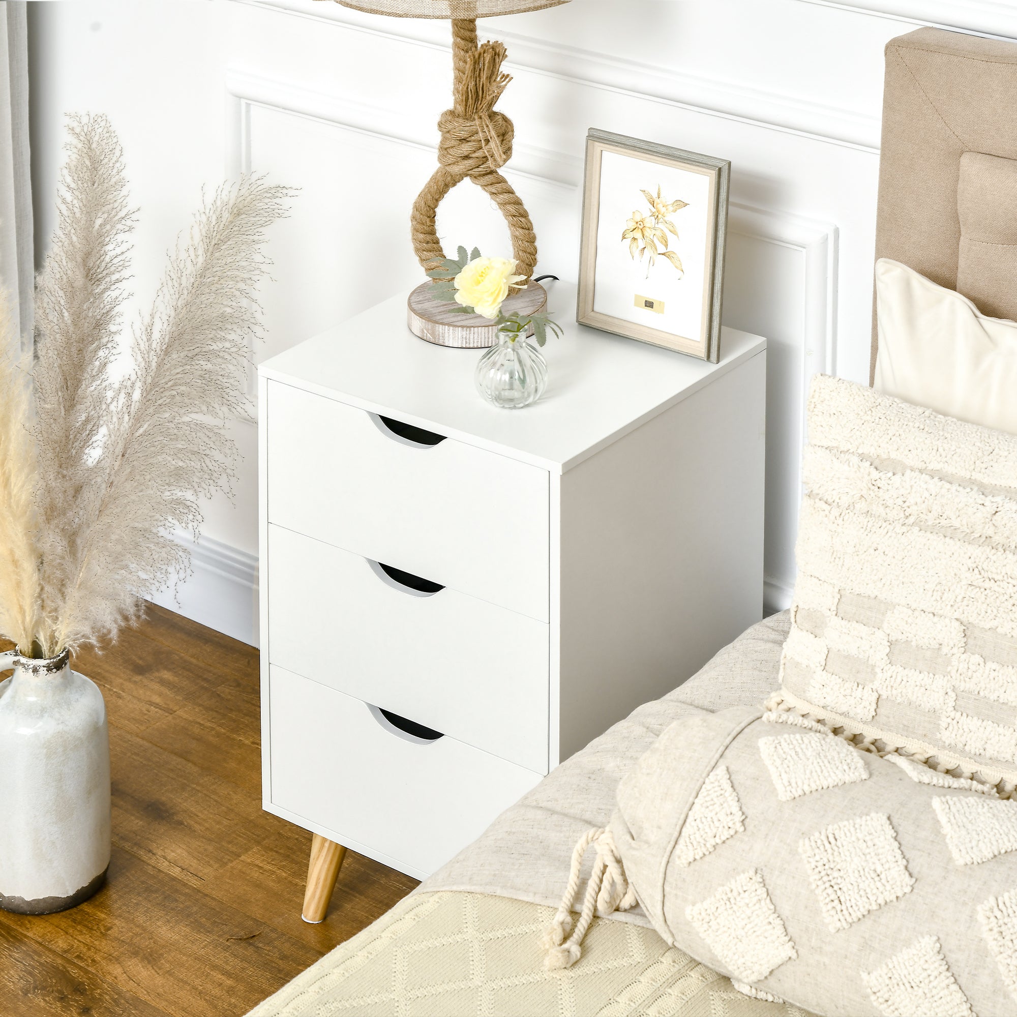 Bedside Table Nightstand with 3 Drawers, Scandinavian Style for Bedroom, Living Room, 40 x 35 x 68.5 cm, White