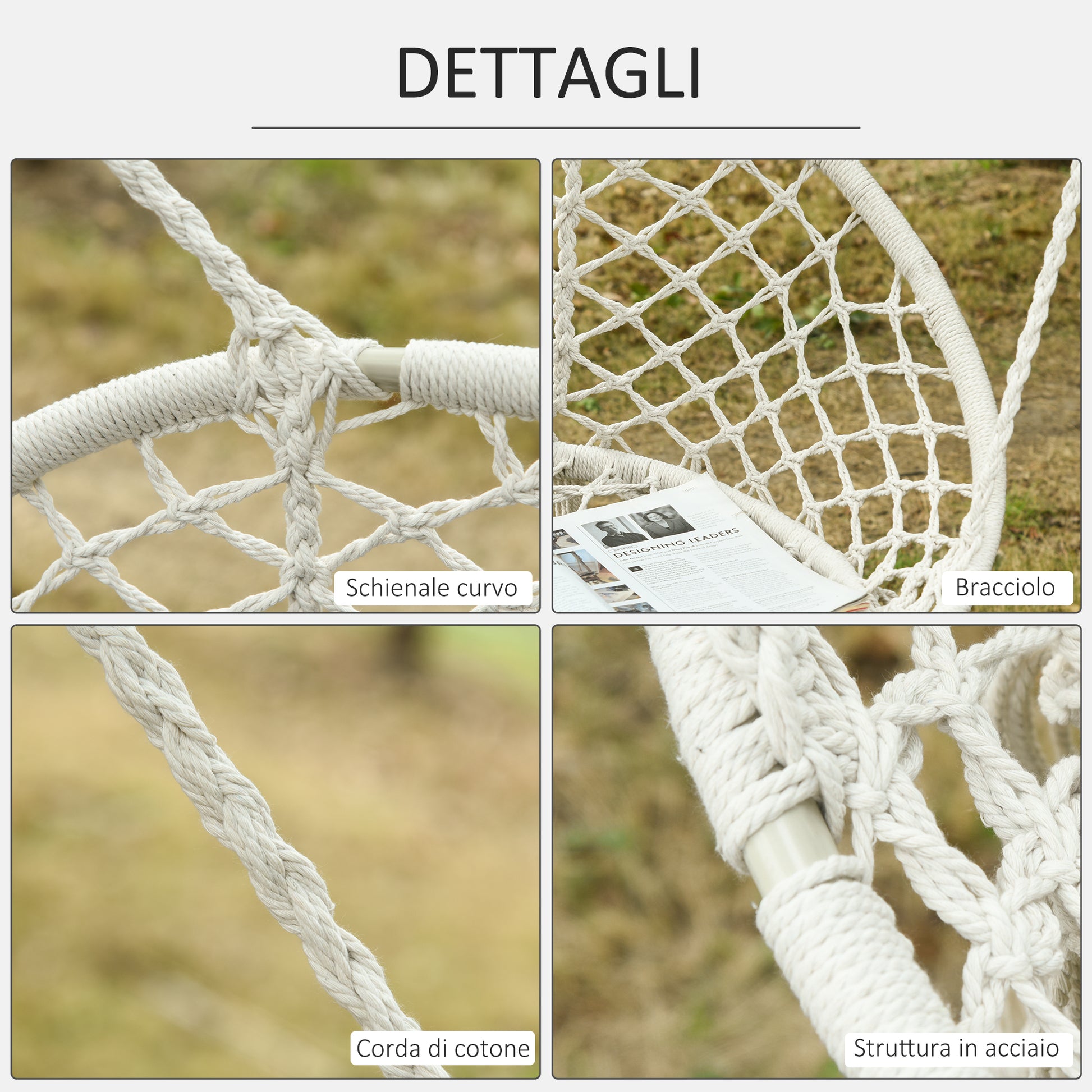 2-Seater Metal Frame Cotton Hanging Garden and Home Hammock Swing, 130x75x35cm, Cream White