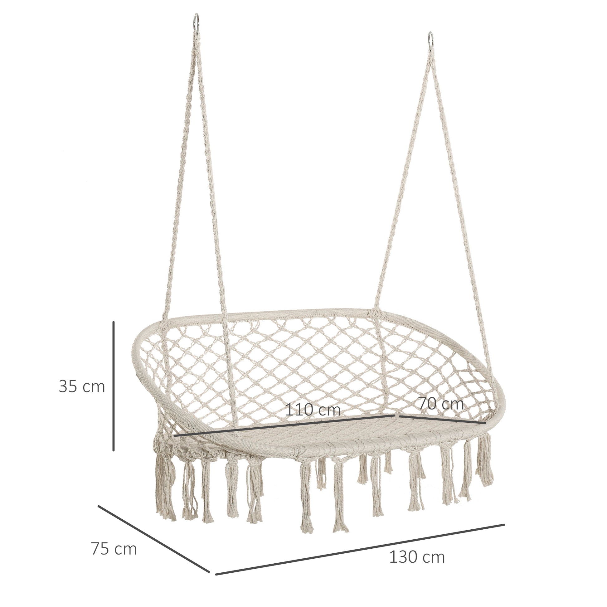 2-Seater Metal Frame Cotton Hanging Garden and Home Hammock Swing, 130x75x35cm, Cream White
