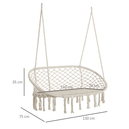 2-Seater Metal Frame Cotton Hanging Garden and Home Hammock Swing, 130x75x35cm, Cream White
