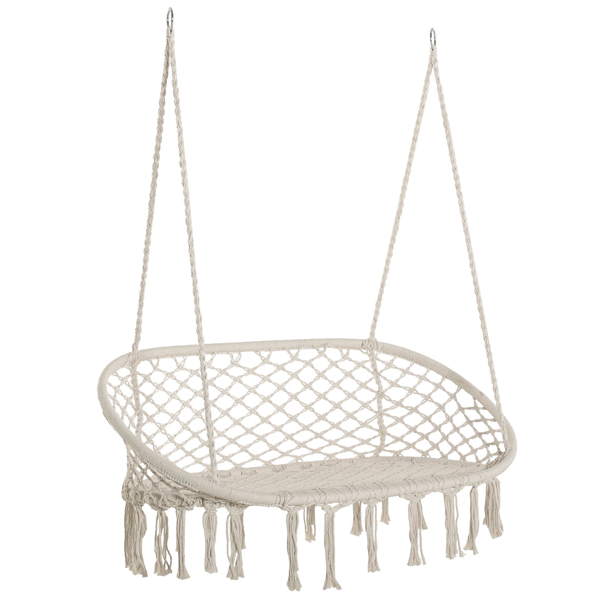 2-Seater Metal Frame Cotton Hanging Garden and Home Hammock Swing, 130x75x35cm, Cream White
