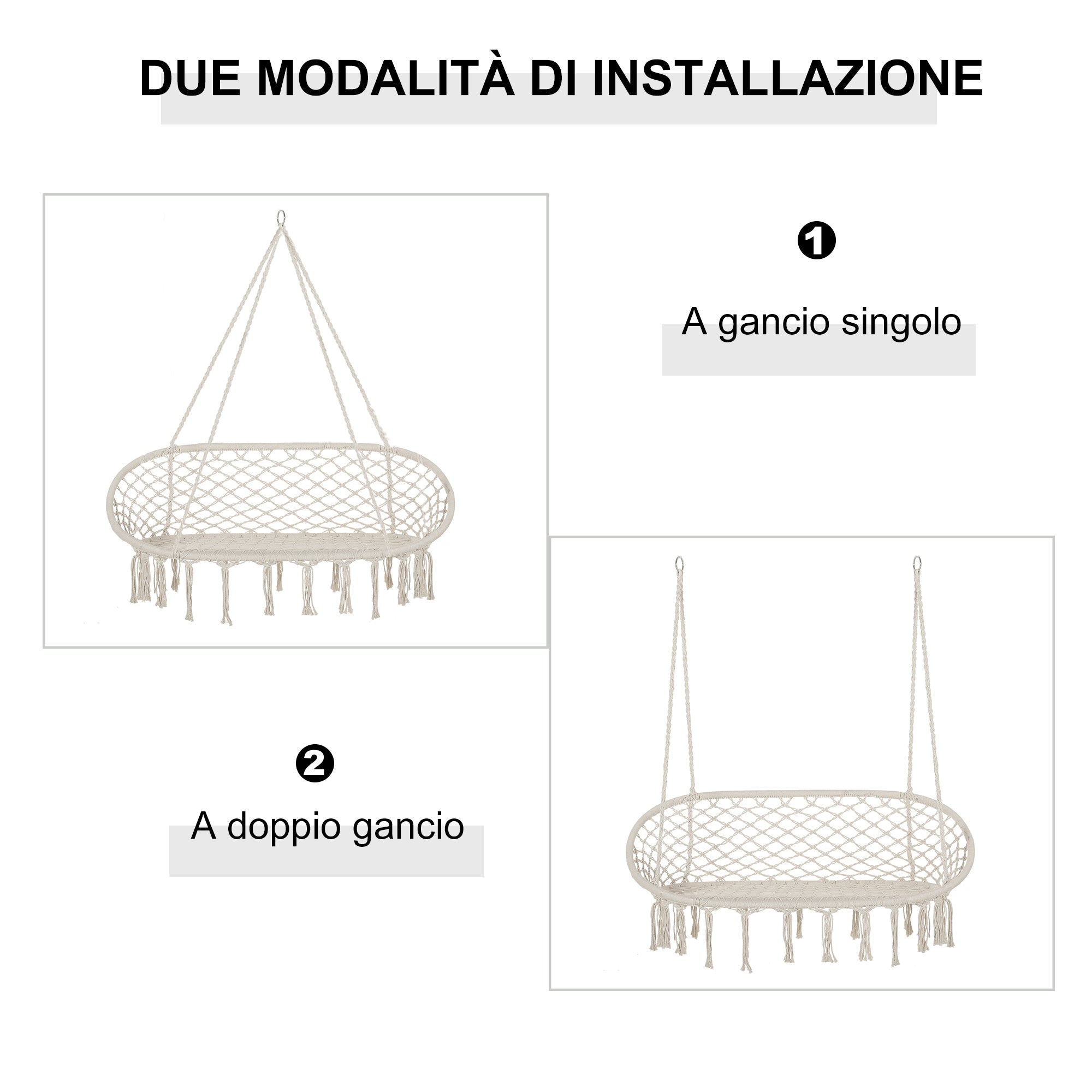 2-Seater Metal Frame Cotton Hanging Garden and Home Hammock Swing, 130x75x35cm, Cream White