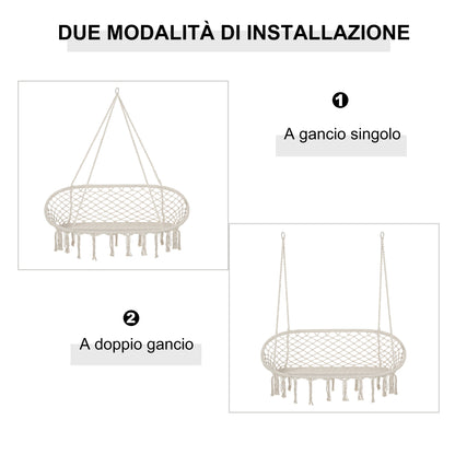 2-Seater Metal Frame Cotton Hanging Garden and Home Hammock Swing, 130x75x35cm, Cream White