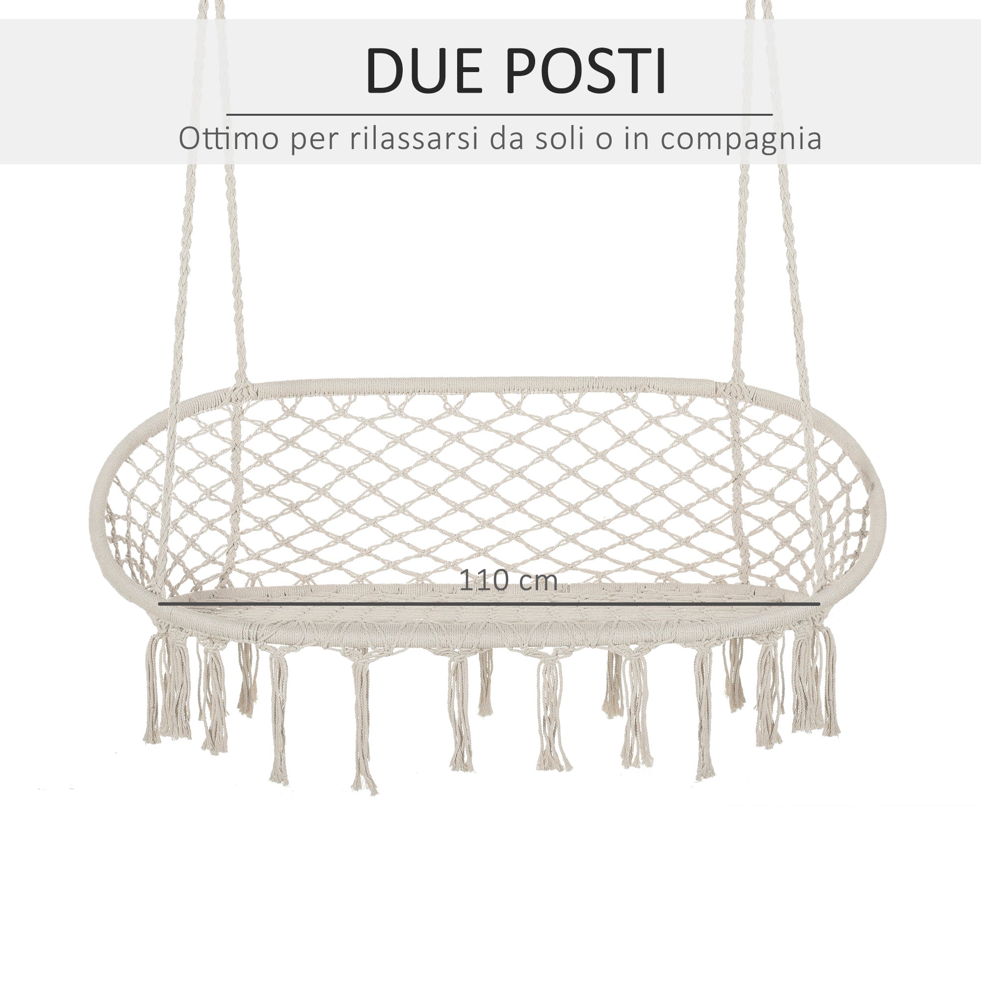 2-Seater Metal Frame Cotton Hanging Garden and Home Hammock Swing, 130x75x35cm, Cream White