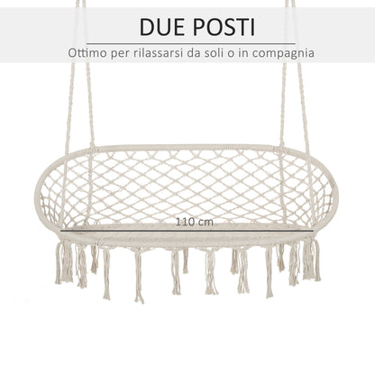 2-Seater Metal Frame Cotton Hanging Garden and Home Hammock Swing, 130x75x35cm, Cream White