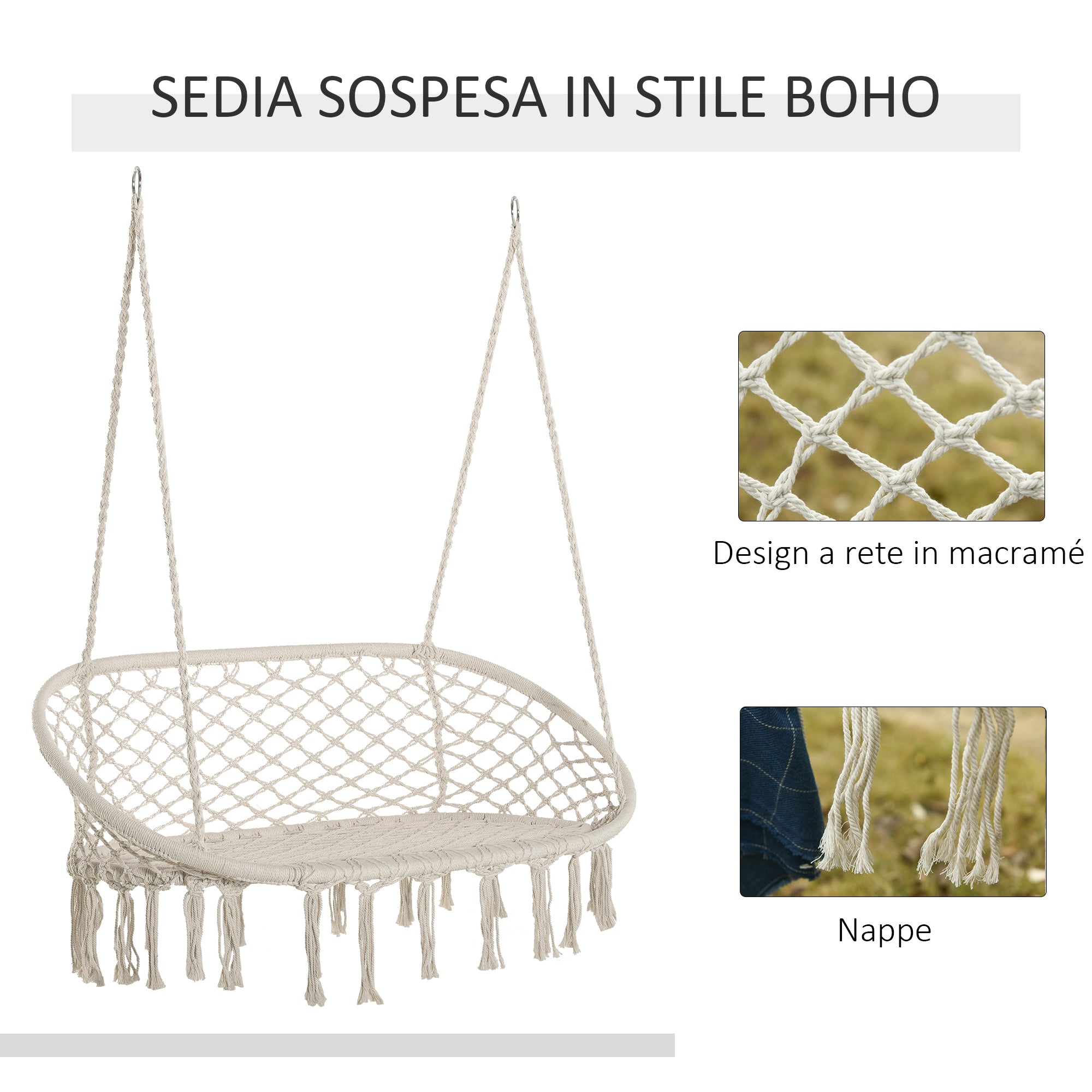 2-Seater Metal Frame Cotton Hanging Garden and Home Hammock Swing, 130x75x35cm, Cream White