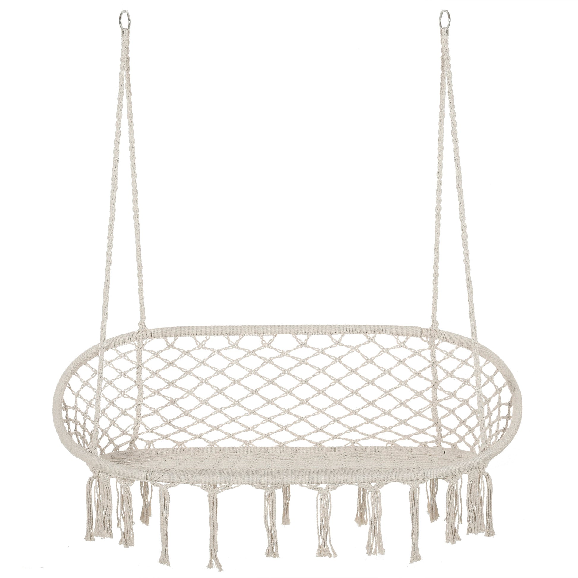 2-Seater Metal Frame Cotton Hanging Garden and Home Hammock Swing, 130x75x35cm, Cream White