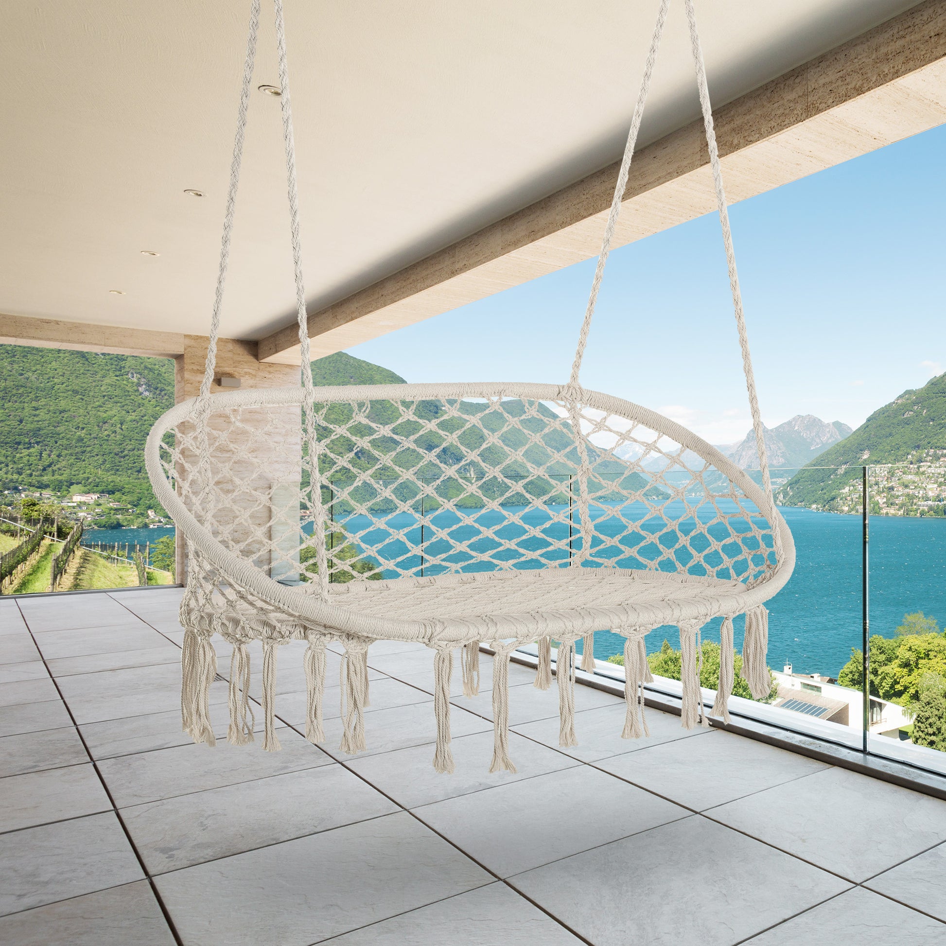 2-Seater Metal Frame Cotton Hanging Garden and Home Hammock Swing, 130x75x35cm, Cream White