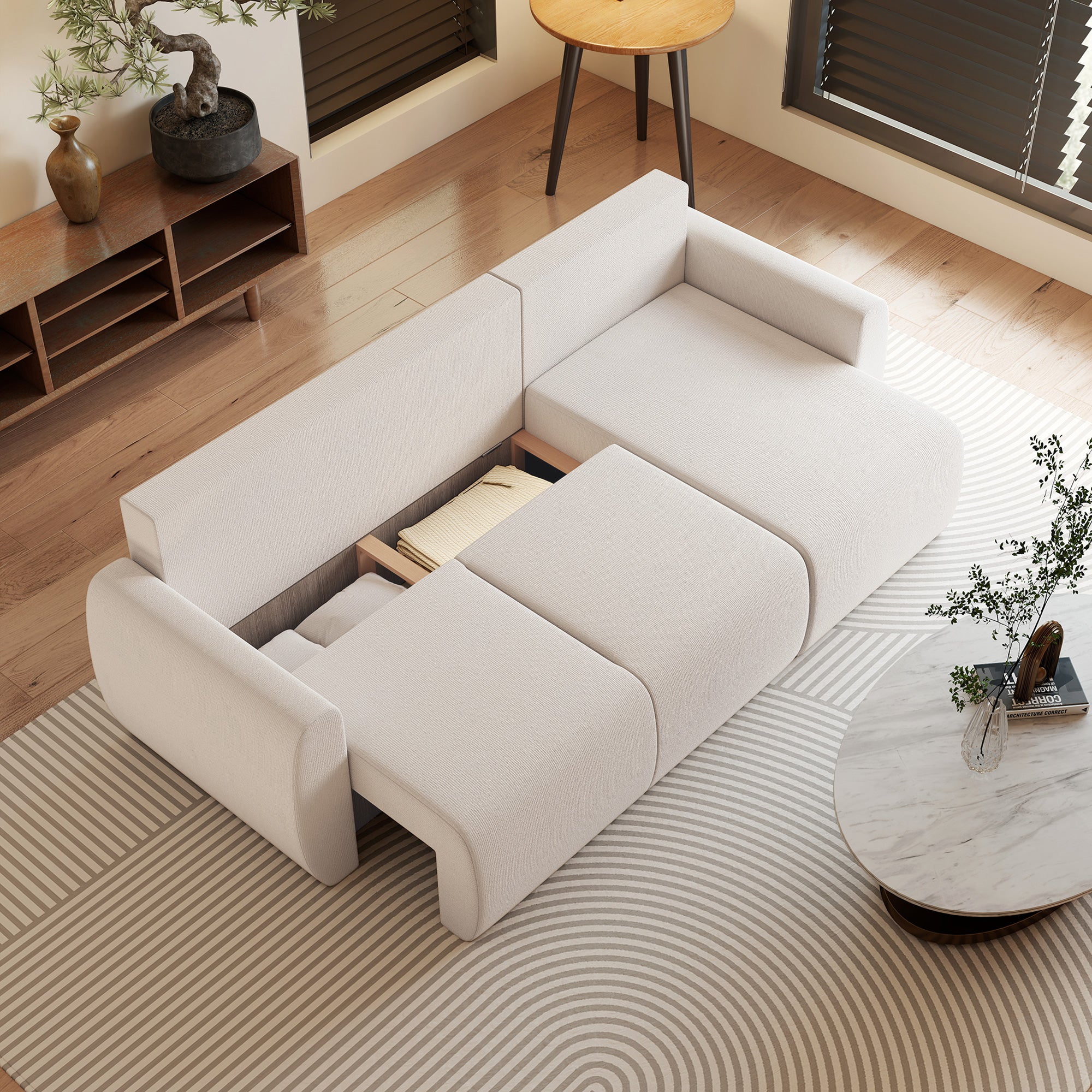 L-Shaped 3-Seater Sofa Bed with Reversible Chaise, Faux Suede, Storage, Cream