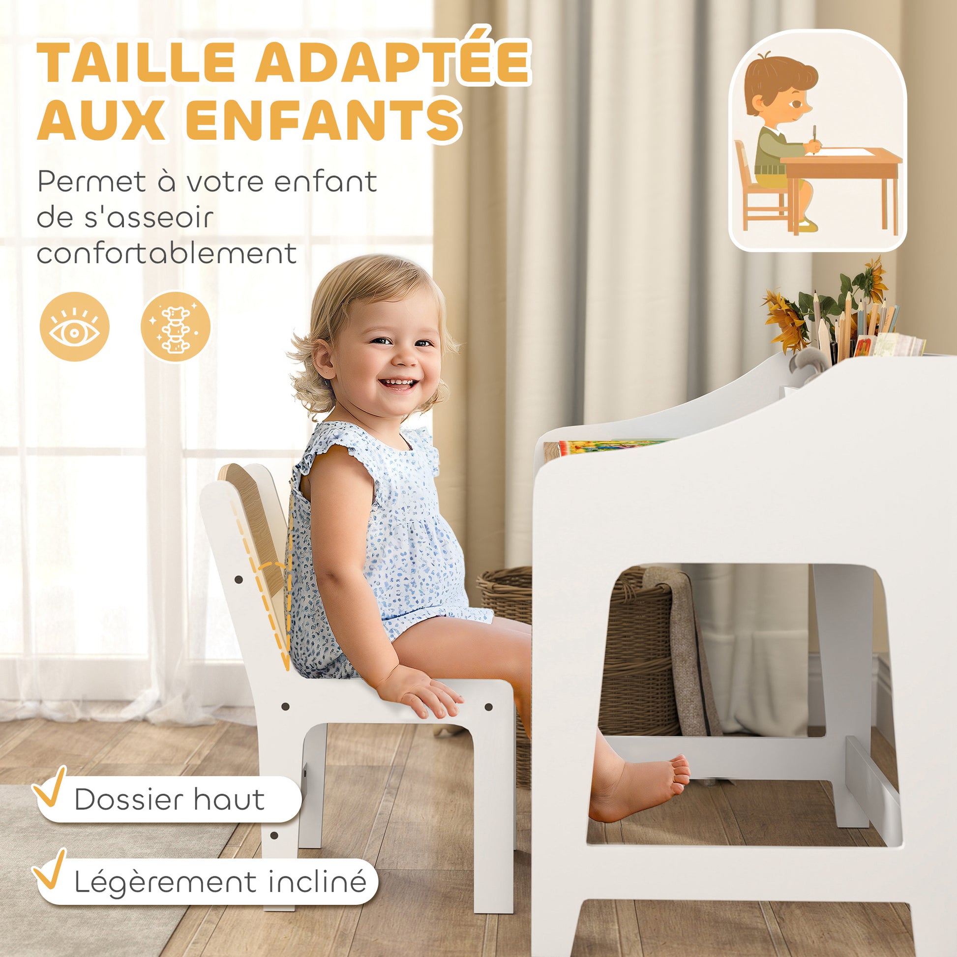 Kids Desk and Chair Set for 3-8 Year Olds, Children's Desk for Boys Girls with Chair, Open Compartments and Shelves, for Bedroom, Playroom, Nursery, Natural Wood Effect