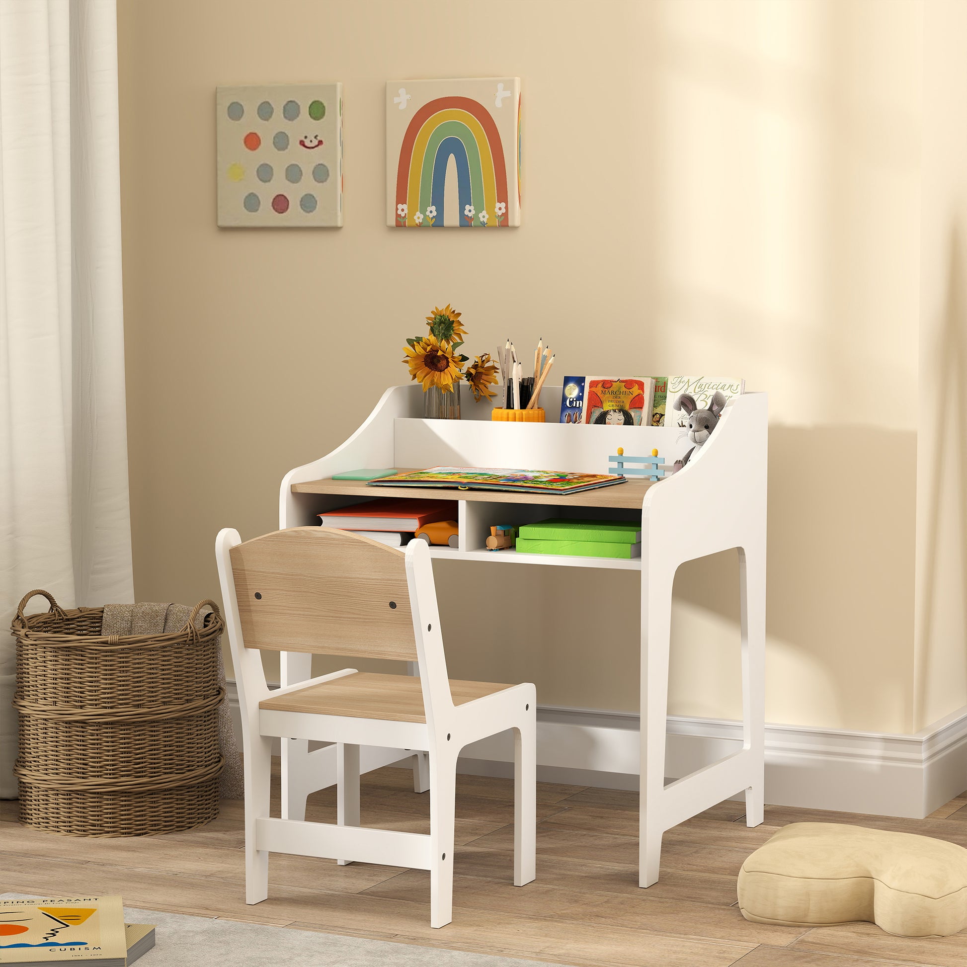 Kids Desk and Chair Set for 3-8 Year Olds, Children's Desk for Boys Girls with Chair, Open Compartments and Shelves, for Bedroom, Playroom, Nursery, Natural Wood Effect