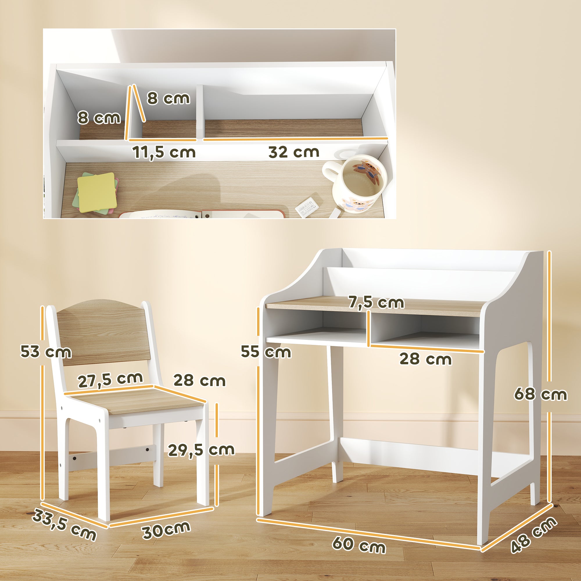 Kids Desk and Chair Set for 3-8 Year Olds, Children's Desk for Boys Girls with Chair, Open Compartments and Shelves, for Bedroom, Playroom, Nursery, Natural Wood Effect