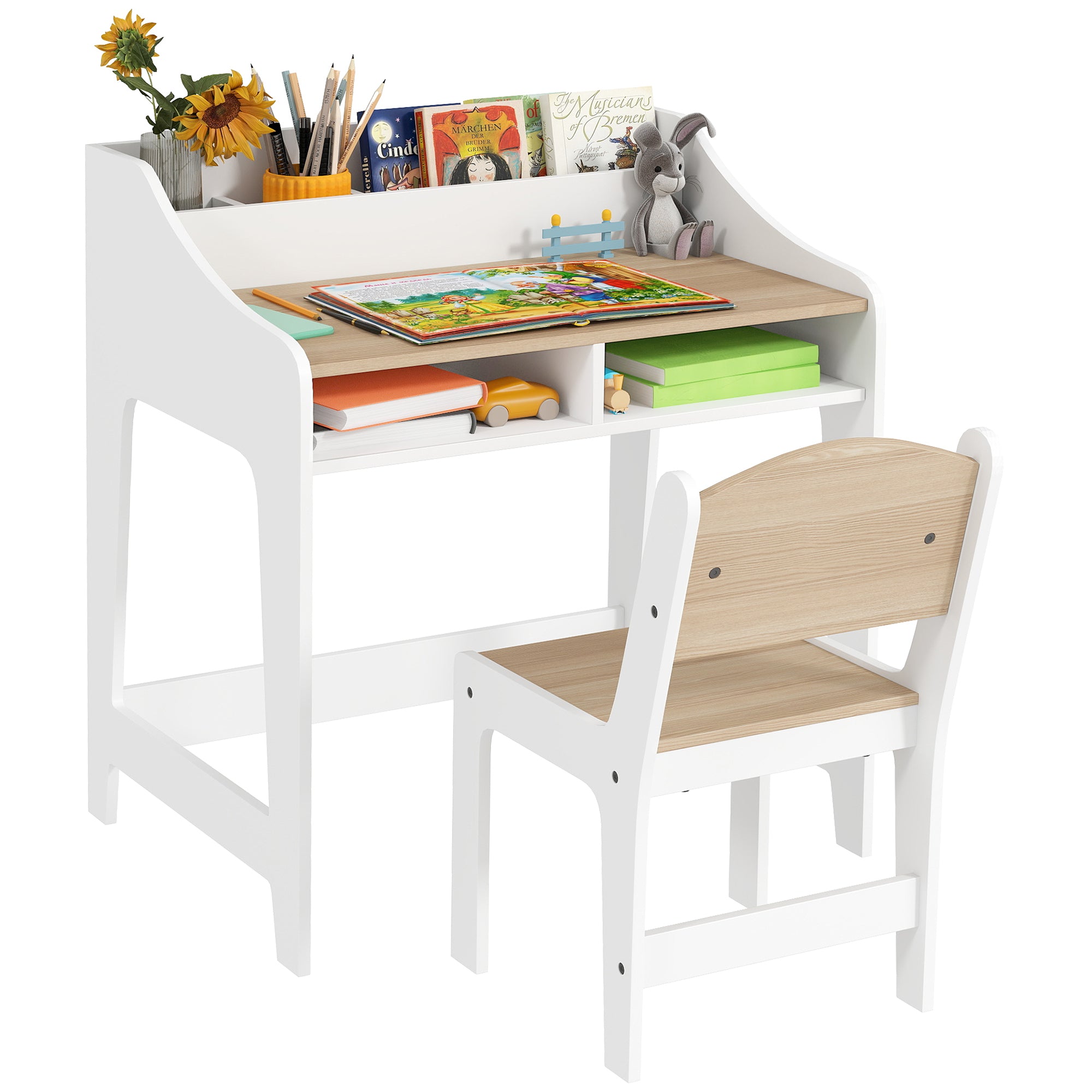 Kids Desk and Chair Set for 3-8 Year Olds, Children's Desk for Boys Girls with Chair, Open Compartments and Shelves, for Bedroom, Playroom, Nursery, Natural Wood Effect