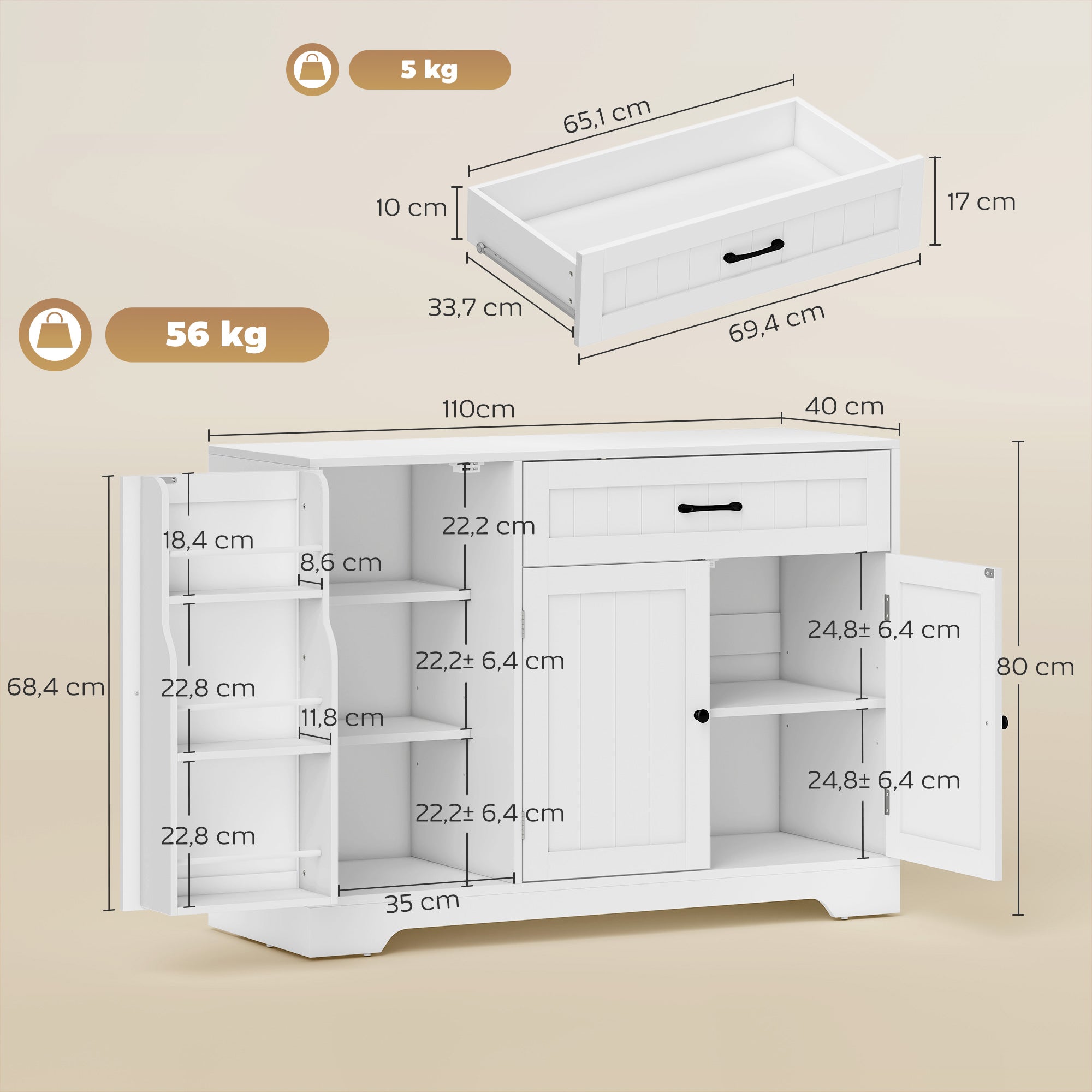 Kitchen Buffet Sideboard with Drawer, 3 Soft-Close Doors, Hidden Racks & Adjustable Shelves — Fits TVs up to 55", White