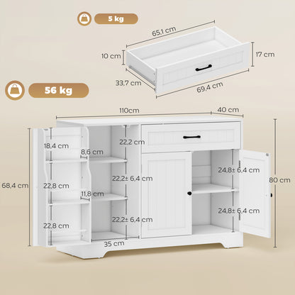 Kitchen Buffet Sideboard with Drawer, 3 Soft-Close Doors, Hidden Racks & Adjustable Shelves — Fits TVs up to 55", White