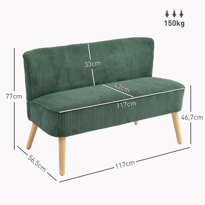Sofa 2 Seater modern Couch without Armrest Upholstered Sofa with Corduroy Look, Small Lounge Sofa with Wooden Legs for Living Room, 117 x 56.5 x 77 cm, Green