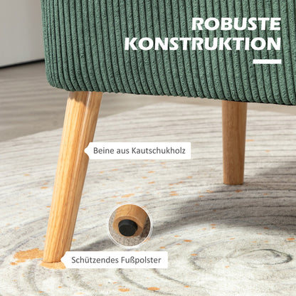 Sofa 2 Seater modern Couch without Armrest Upholstered Sofa with Corduroy Look, Small Lounge Sofa with Wooden Legs for Living Room, 117 x 56.5 x 77 cm, Green