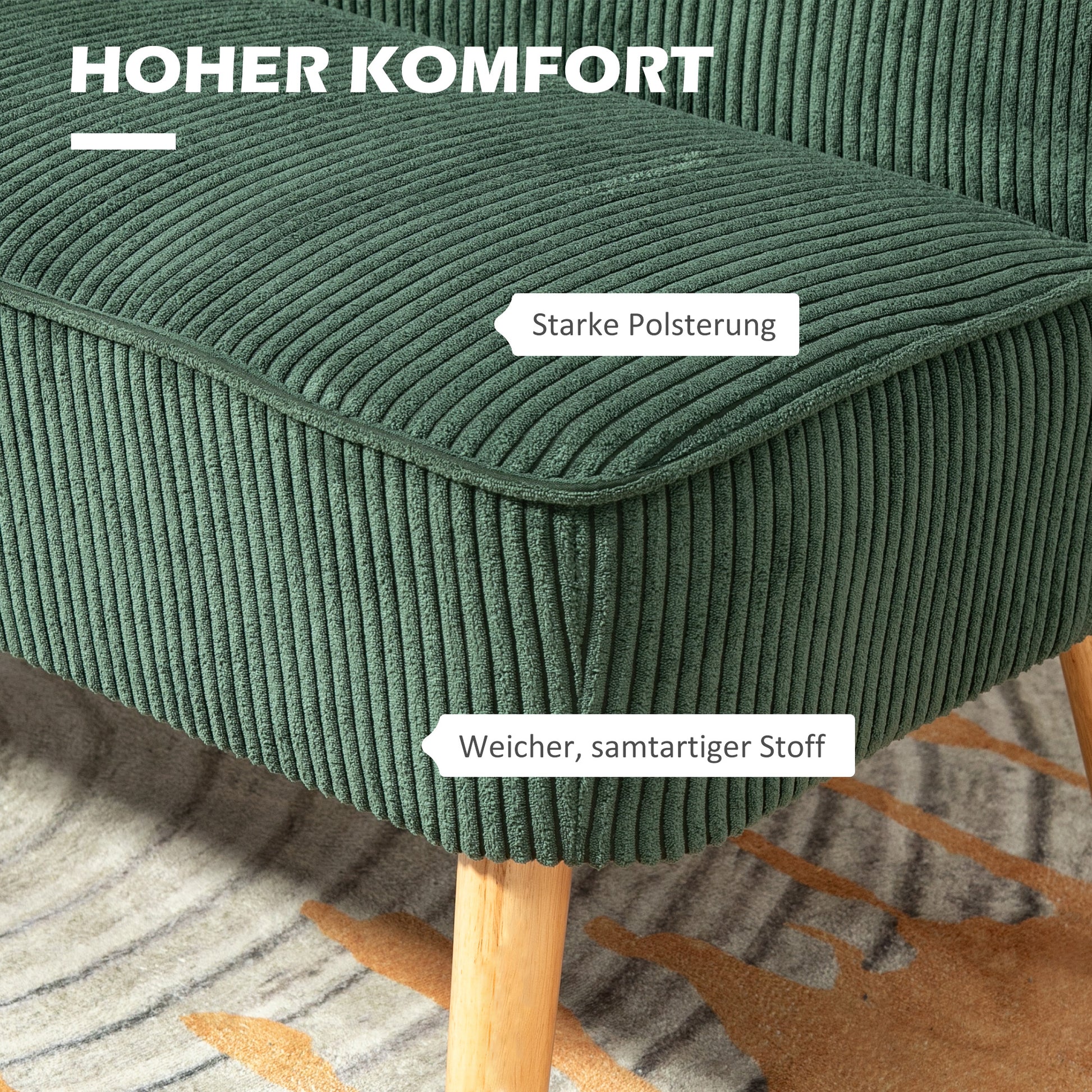 Sofa 2 Seater modern Couch without Armrest Upholstered Sofa with Corduroy Look, Small Lounge Sofa with Wooden Legs for Living Room, 117 x 56.5 x 77 cm, Green