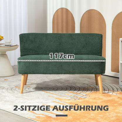 Sofa 2 Seater modern Couch without Armrest Upholstered Sofa with Corduroy Look, Small Lounge Sofa with Wooden Legs for Living Room, 117 x 56.5 x 77 cm, Green