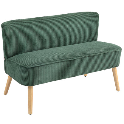 Sofa 2 Seater modern Couch without Armrest Upholstered Sofa with Corduroy Look, Small Lounge Sofa with Wooden Legs for Living Room, 117 x 56.5 x 77 cm, Green
