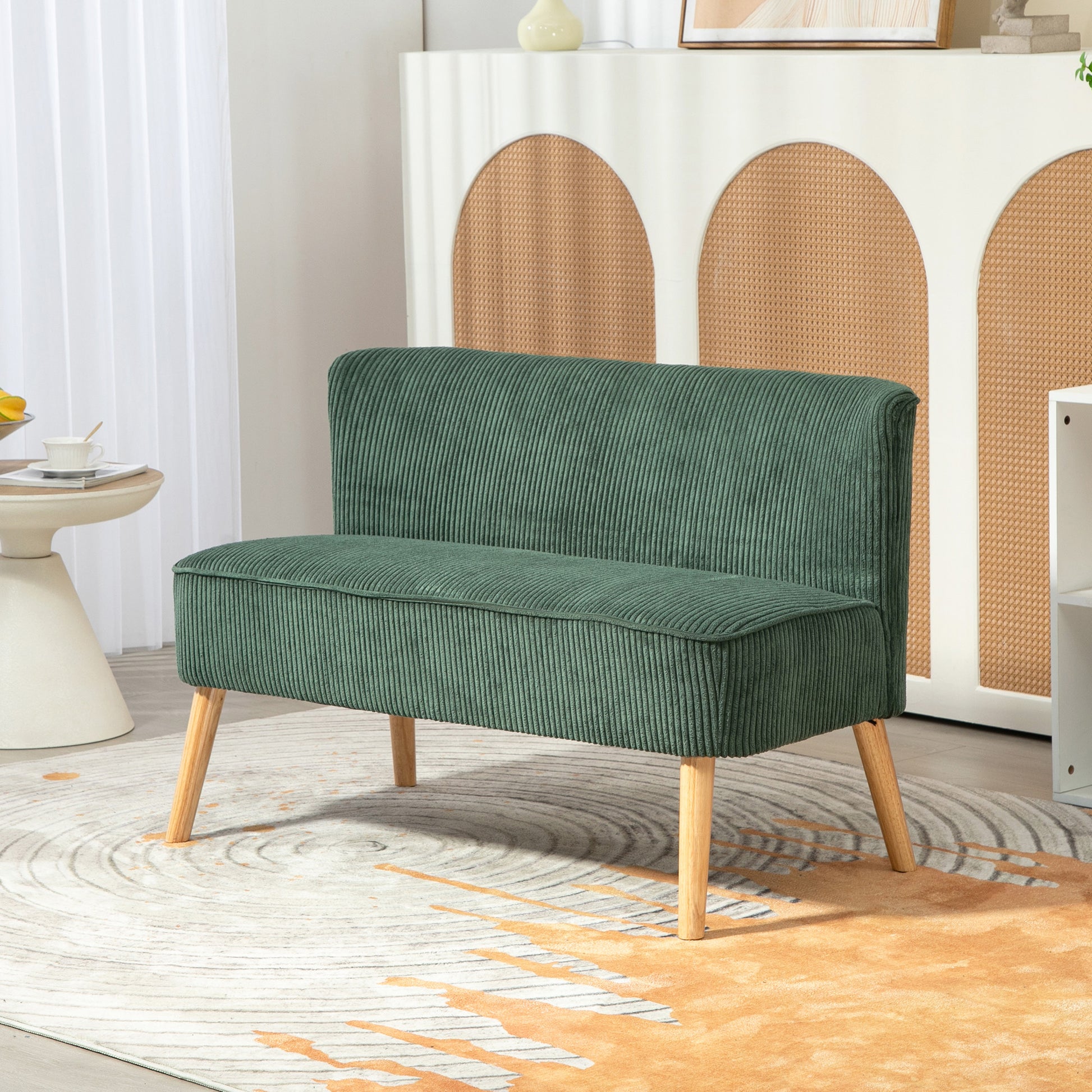 Sofa 2 Seater modern Couch without Armrest Upholstered Sofa with Corduroy Look, Small Lounge Sofa with Wooden Legs for Living Room, 117 x 56.5 x 77 cm, Green