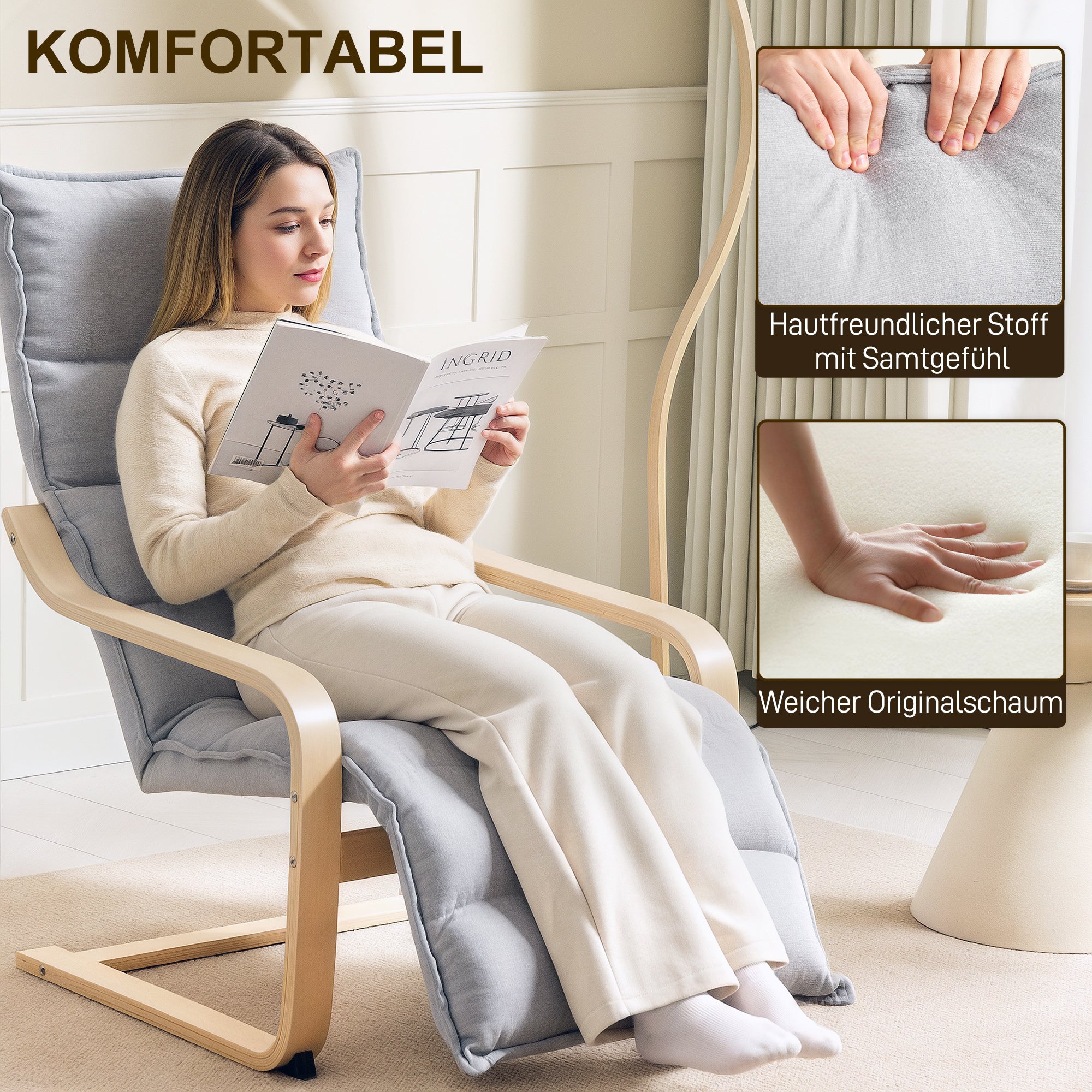 Relax Armchair, Padded Lounge Chair with Adjustable Footrest, Velvet Look for Living Room Rocking Chair with Armrest, Reading Chair Light Grey