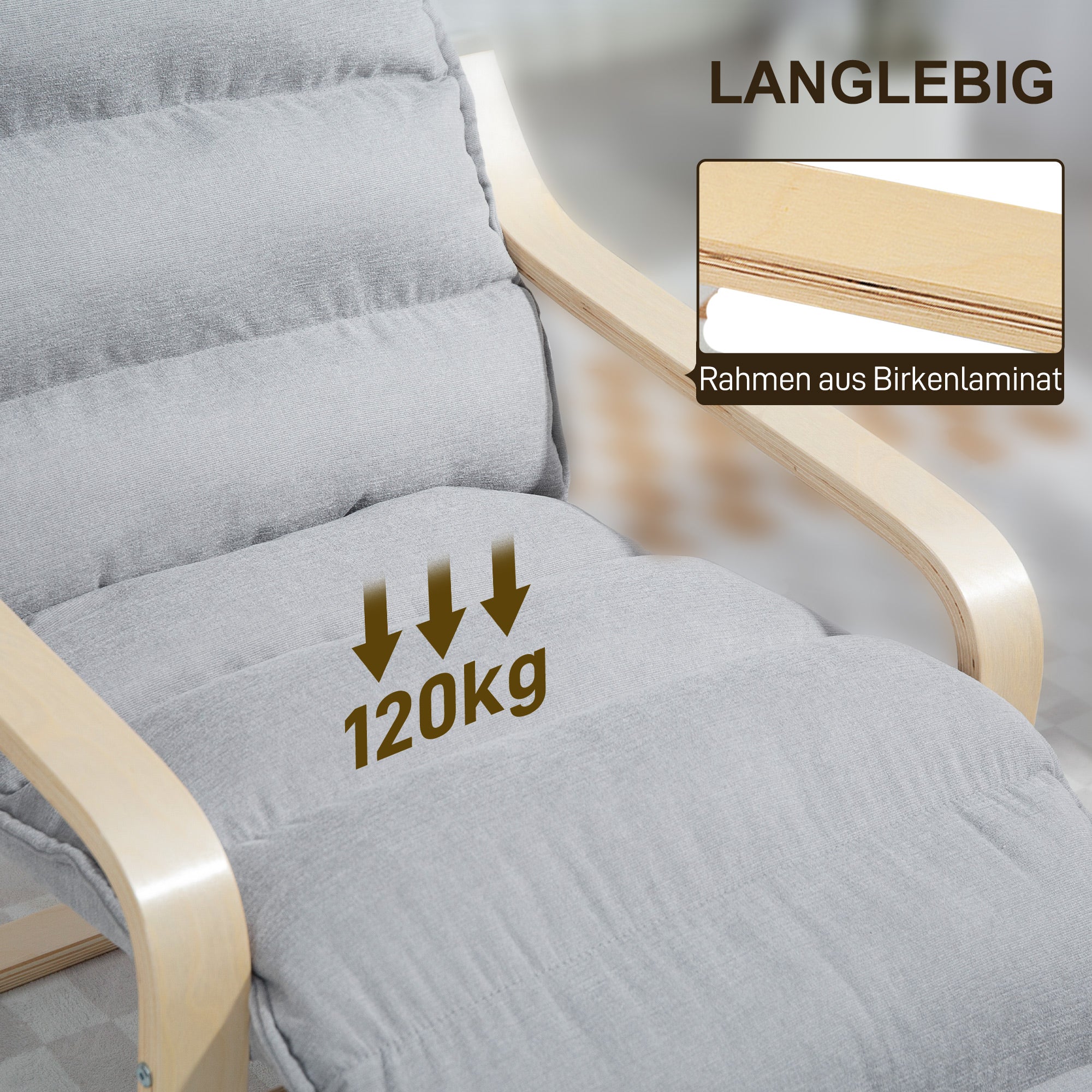 Relax Armchair, Padded Lounge Chair with Adjustable Footrest, Velvet Look for Living Room Rocking Chair with Armrest, Reading Chair Light Grey