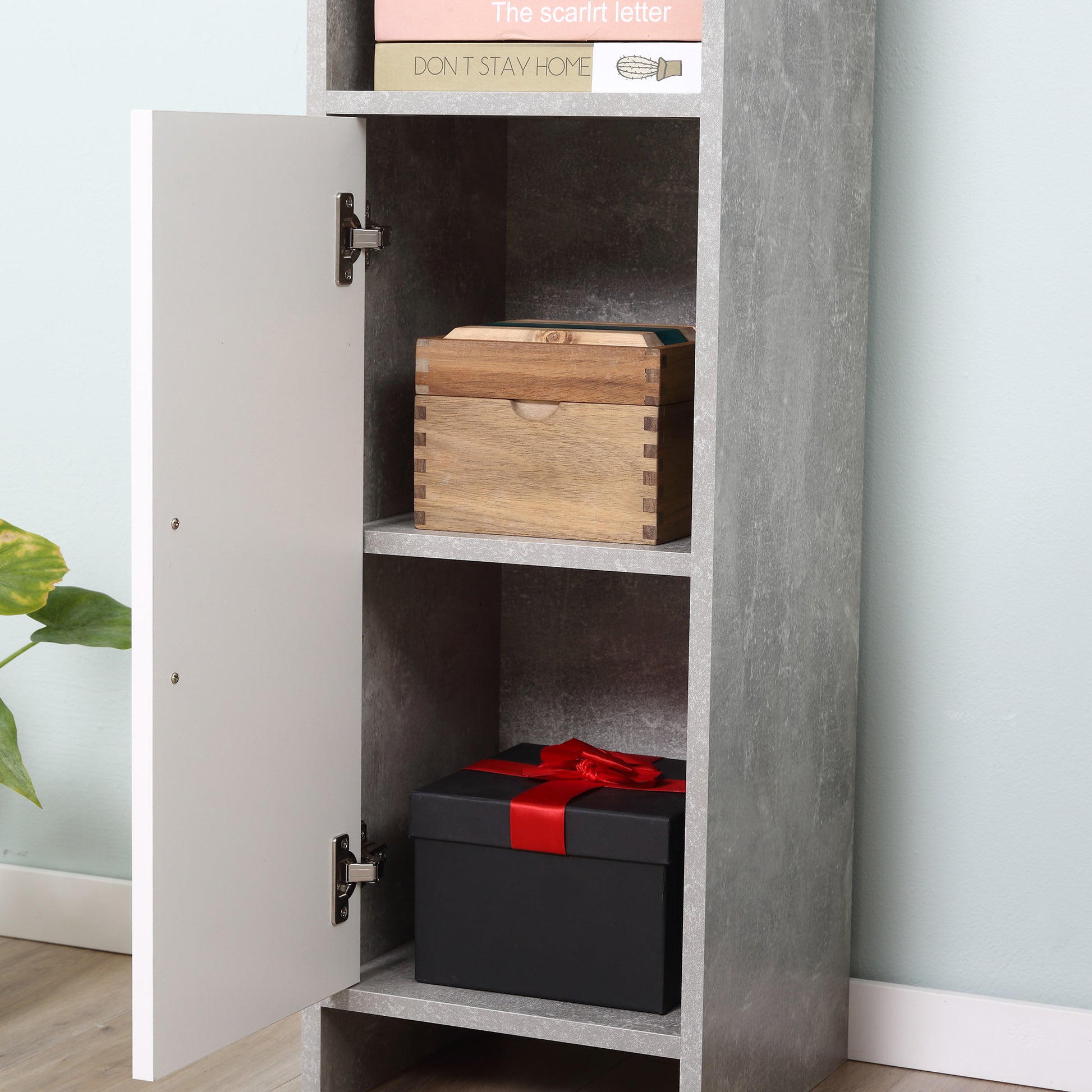 Bathroom Column with 2 Cabinets and 2 Open Compartments, Tall Space-Saving Cabinet in Cement Effect Wood, 30x30x180cm, Gray