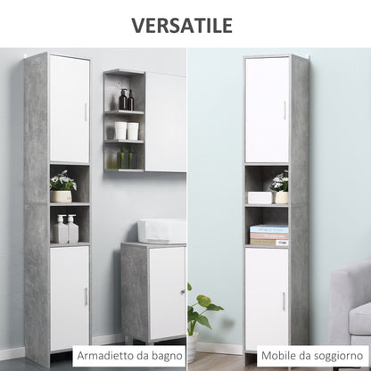 Bathroom Column with 2 Cabinets and 2 Open Compartments, Tall Space-Saving Cabinet in Cement Effect Wood, 30x30x180cm, Gray