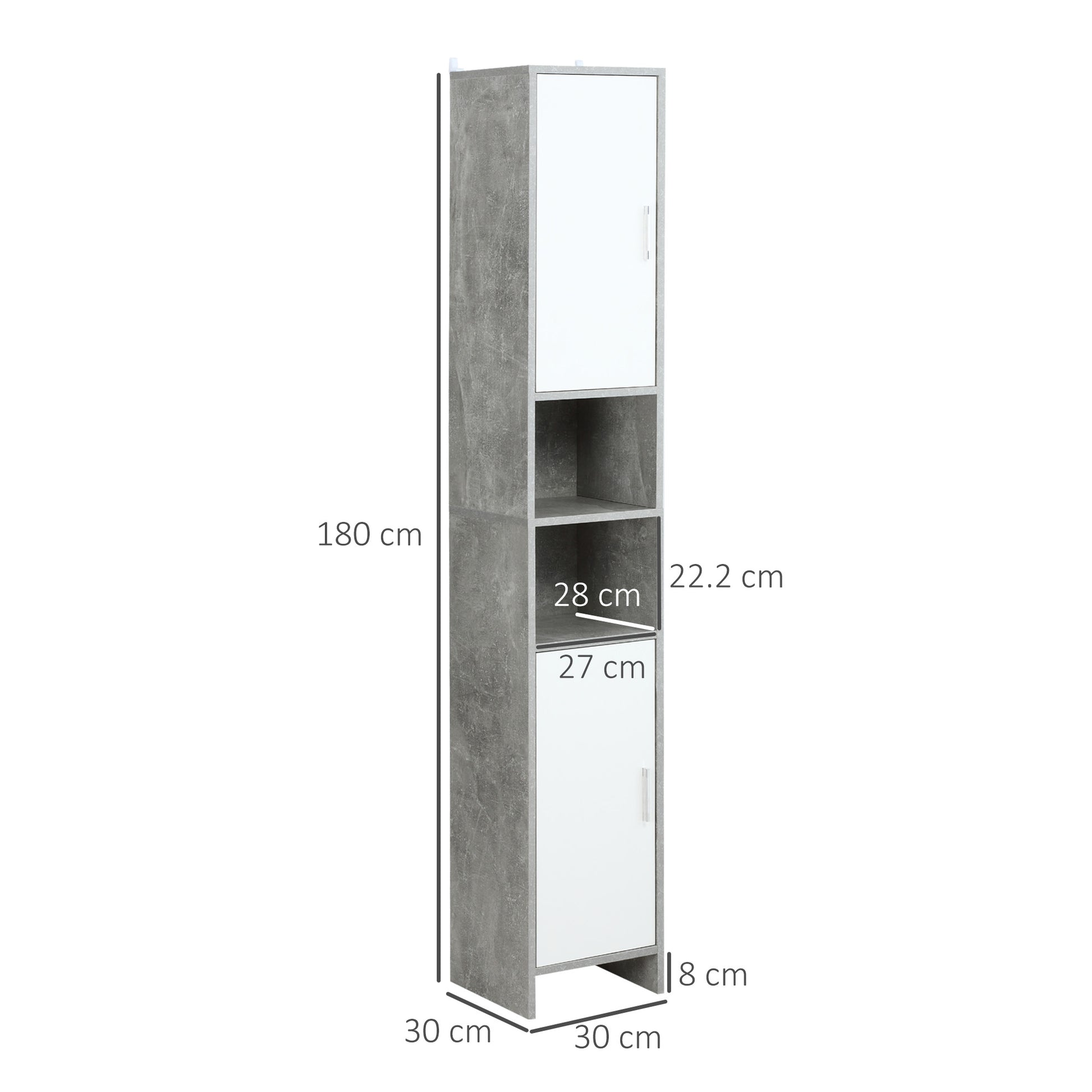 Bathroom Column with 2 Cabinets and 2 Open Compartments, Tall Space-Saving Cabinet in Cement Effect Wood, 30x30x180cm, Gray