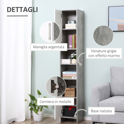 Bathroom Column with 2 Cabinets and 2 Open Compartments, Tall Space-Saving Cabinet in Cement Effect Wood, 30x30x180cm, Gray