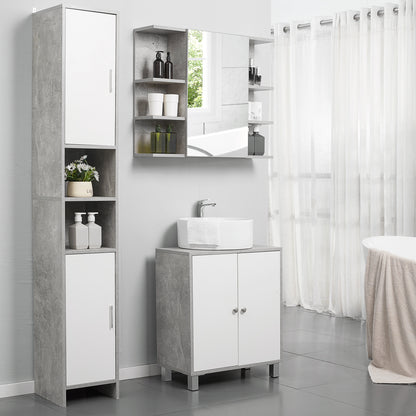 Bathroom Column with 2 Cabinets and 2 Open Compartments, Tall Space-Saving Cabinet in Cement Effect Wood, 30x30x180cm, Gray