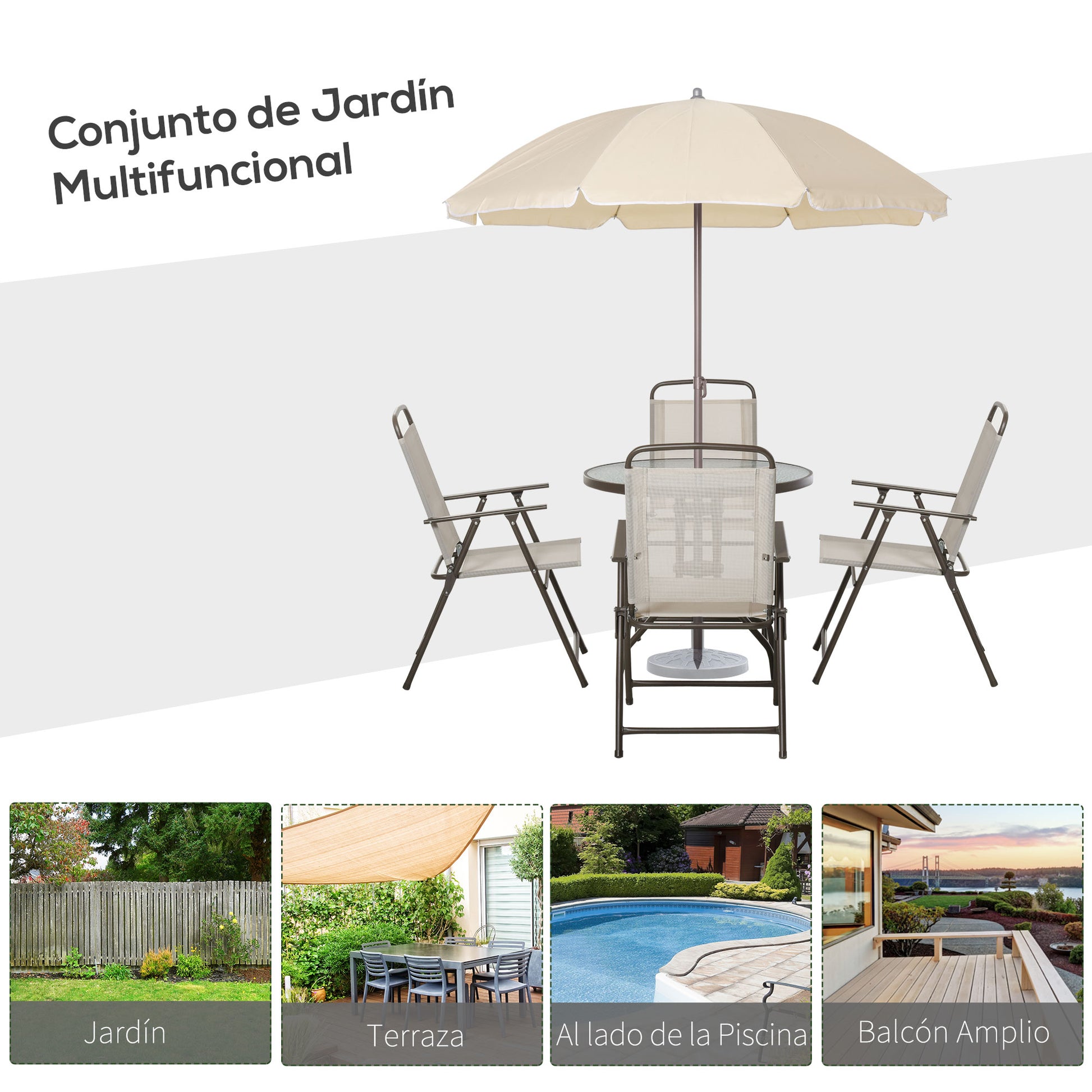 Garden Furniture Set with 4 Chairs 1 Table and 1 Parasol Texteline Aluminum and Polyester Beige