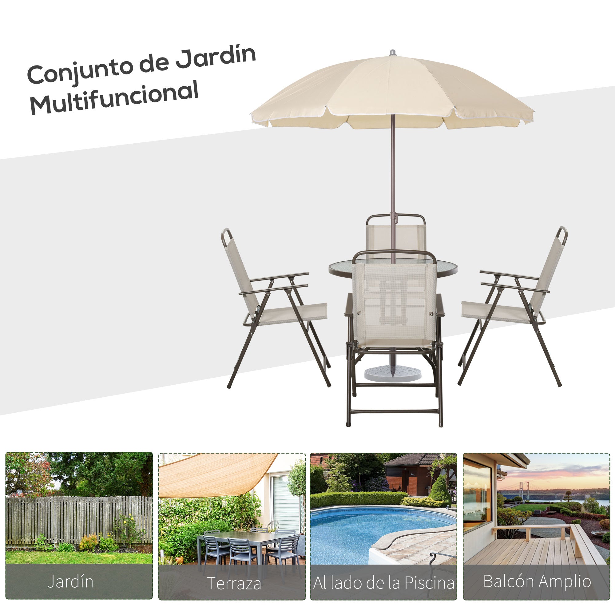 Garden Furniture Set with 4 Chairs 1 Table and 1 Parasol Texteline Aluminum and Polyester Beige