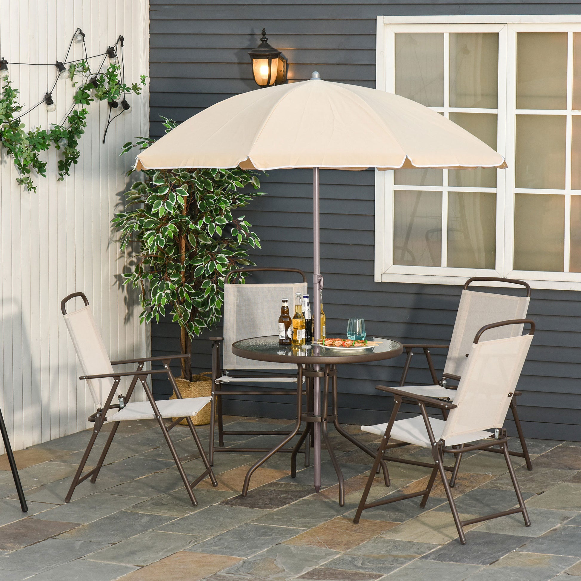 Garden Furniture Set with 4 Chairs 1 Table and 1 Parasol Texteline Aluminum and Polyester Beige