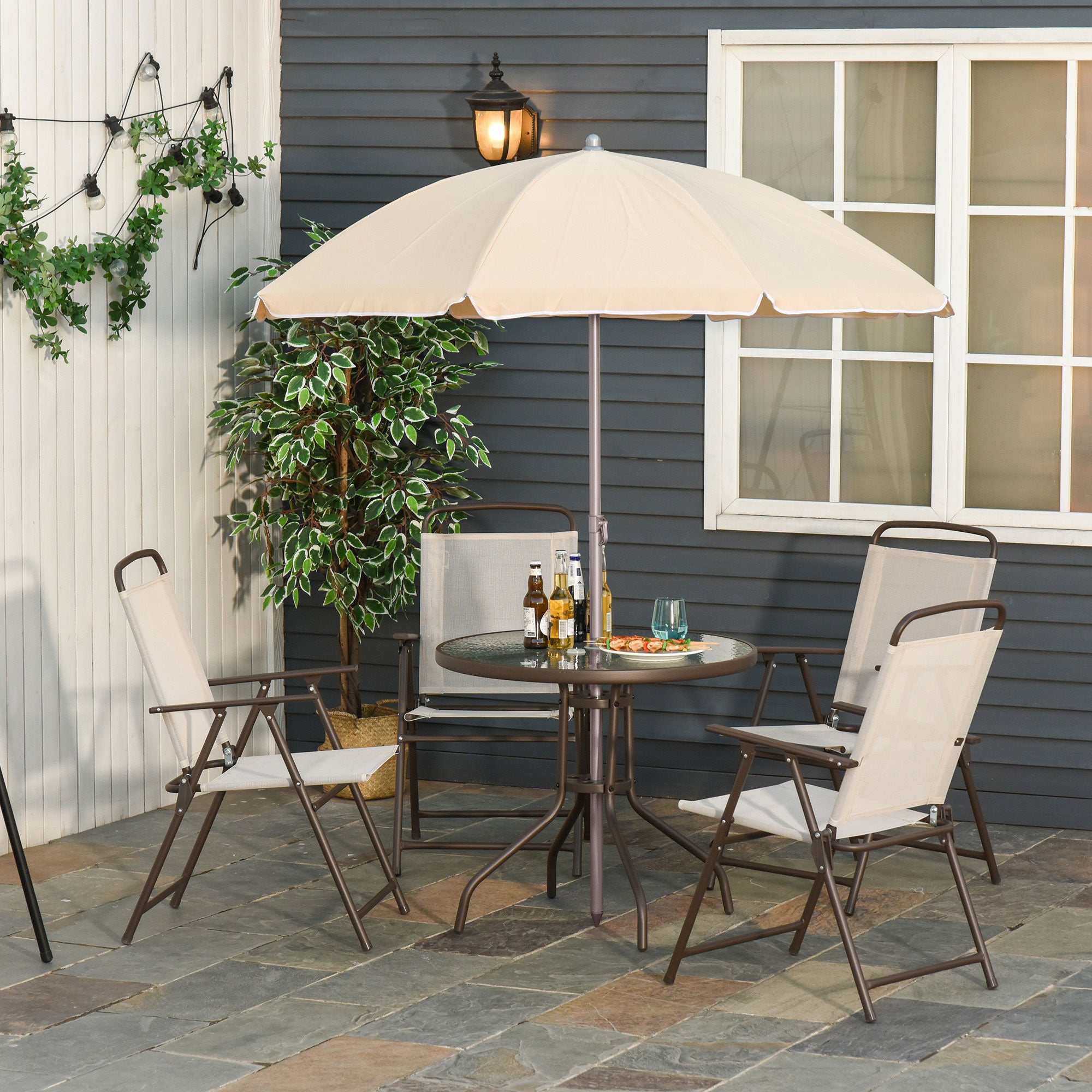 Garden Furniture Set with 4 Chairs 1 Table and 1 Parasol Texteline Aluminum and Polyester Beige